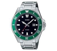 Casio MDV107D-3AV Herren Edelstahl 200M grüne Lünette schwarzes Zifferblatt 3-Zeiger Anlog Taucheruhr, Schwarz, Sport