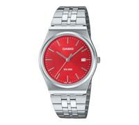 Casio MTP-B145D-4A2V Herren-Armbanduhr, Vintage, Edelstahl, rotes Zifferblatt, 3-Zeiger, Analoguhr, silber, Casual