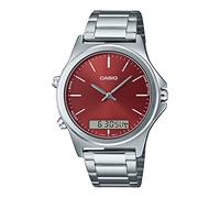 Casio MTP-VC01D-5E Herren-Armbanduhr, Edelstahl, rotes Zifferblatt, analog, digital, Dual-Zeitzonenuhr