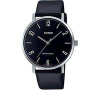 Casio MTP-VT01L-1B2 Herren-Armbanduhr, minimalistisch, schwarzes Zifferblatt, Leder, analog, Schwarz