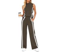 Casly Lamiit 2-teiliges Lounge-Set für Damen, gestreift, Reise-Outfits, Sweatanzug, Stehkragen, Tank-Top, weite Beinhose, Freizeit-Sportbekleidung, Kaffee, XXL