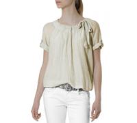 Caspar BLU002 Damen leichte unifarbene Kurzarm Seiden Sommerbluse mit Schleife, Farbe:beige