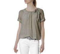Caspar BLU002 Damen leichte unifarbene Kurzarm Seiden Sommerbluse mit Schleife, Farbe:Khaki