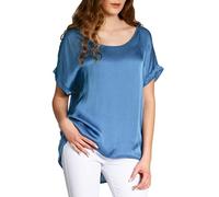 Caspar BLU017 leichte Elegante Damen Seidenglanz Kurzarm Sommer Shirtbluse, Farbe:Jeans blau, Größe:L/XL