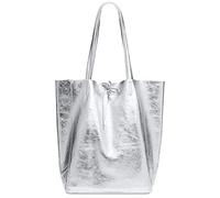 Caspar Großer Damen Leder Shopper Metallic Schultertasche mit Sicherheitsfach - CLASSIC LINE - Modell No.781 - Made in Italy, Farbe:silber metallic, Accessoires:One Size
