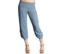 Caspar KHS017 Damen 3/4 Leinen Hose, Farbe:Jeans blau, Größe:S - DE36 UK8 IT40 ES38 US6
