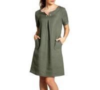 Caspar SKL029 knielanges Damen Sommer Leinenkleid mit elegantem Perlen Dekor, Farbe:olivgrün, Größe:L - DE40 UK12 IT44 ES42 US10