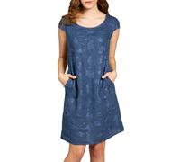 Caspar SKL031 knielanges Damen Sommer Leinenkleid mit Ginko Blatt Stickmuster, Farbe:Jeans blau, Größe:S - DE36 UK8 IT40 ES38 US6