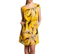 Caspar SKL035 knielanges Elegantes Damen Sommer Leinenkleid mit abstraktem Blüten Print, Farbe:gelb, Größe:L - DE40 UK12 IT44 ES42 US10