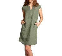 Caspar SKL036 Damen Sommer Leinenkleid mit ausgefallenem Ausschnitt, Farbe:Oliv grün, Größe:L - DE40 UK12 IT44 ES42 US10