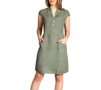 Caspar SKL040 stylisches knielanges Damen Sommer Leinenkleid mit Reißverschluss Ausschnitt, Farbe:olivgrün, Größe:44