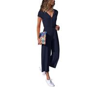 Cassiecy Jumpsuit Damen Elegant Kurzarm Playsuit V-Ausschnitt Casual Lose Overalls Lang Romper（Marineblau,M）