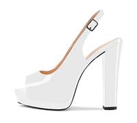 Castamere Damen Chunky Blockabsatz Hoher High Plateau Plattform Absatz Heel Peep Open Zehenkappe Sandalen Slingback Hochzeit Slip-on Pumps Clear Cute Dress Schuhe Weiß Lackleder 45 EU