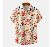 Casual Button-Down-Hawaii-Hemden Für Herren - Kurzärmliges Aloha-Hemd Mit Cartoon-Motiv, Buntes Pilzmuster, Hip-Hop-Funky-Beige, Sommer-Strandurlaub, Männliche Bluse, Strickjacke, Geschenke, Xxl
