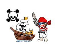 Catch the Patch Set Pirat Schiff 3 Stück - (Größe: verschiedene Größen) - Aufbügler & Applikationen in verschiedenen Größen - Ideal für Kleidung, Schulranzen, Jeans & Rucksäcke