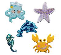 Catch the Patch Strand Meerestiere Aufnäher Set 5 Stück zum Aufbügeln Bügelbild für Kinder Erwachsene mit Nordsee Hafen Vintage Original, Bügelpatch Patches Bügelflicken Geschenk