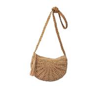 CATIEBYE Modische Umhängetasche Damen Halbkreis Gewebt Papierstroh Strandtasche mit Quasten Hellbraun für Freizeit Urlaub Shopping
