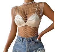 CATOR Tank Top Damen Mesh Crop Top Durchsichtiges Glänzende Netzshirt Fischnetz Strasssteine Cover Up Kristall Sheer Mesh Top Aushöhlen Sparkle Club Wear Sexy Pailletten Netzoberteil -L- weiß