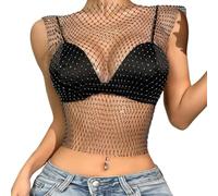 CATOR Tank Top Damen Mesh Crop Top Durchsichtiges Glänzende Netzshirt Fischnetz Strasssteine Cover Up Kristall Sheer Mesh Top Aushöhlen Sparkle Club Wear Sexy Pailletten Netzoberteil -L- Schwarz