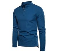 Causal Shirt Herren Einfarbig Stehkragen Slim Fit Leinenhemd Herren Einfachheit Atmungsaktiv Komfortabel Langarm Shirt Herren Frühling Knopfleiste Base Shirt Herren D-Blue 5XL