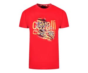 Cavalli Class Geschnittenes Tiger-Print Fett-Logo Rotes T-Shirt XL