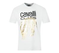 Cavalli Class Großes Goldenes Tiger-Schablonen-Logo Weißes T-Shirt XL