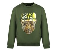 Cavalli Class Leoparden-Print Logo Olivfarbenes Sweatshirt M