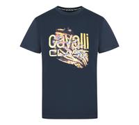 Cavalli Class Slashed Tiger Print Bold Logo Navy T-Shirt L
