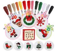 Caydo 46-teiliges Weihnachts-Kreuzstich-Set für Kinder, beinhaltet 10 vorgedruckte Kreuzstichmuster, 5 Mini-Stickrahmen, 13 Stickgarn-Stränge, 5 Schlüsselanhänger, Stickwerkzeuge und Anleitungen.
