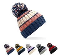 CB392 Beechfield Bommelmütze mit gestreiftem Muster Blue Steel One Size