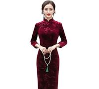 CBROOT Chinesisches Cheongsam-Kleid Für Frauen - Chinesische Vintage Qipao Kleid Traditioneller Samt Lange Cheongsam Herbst Winter 3/4 Ärmel Plus Größe Elegante Schlanke Bankettkleidung, Rot, L