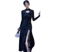 CBROOT Chinesisches Cheongsam-Kleid Für Frauen - Herbst Frauen Langarm Qipao Traditionelle Cheongsam Hollow Out Druck Slim Sexy High Split Abend Abschlussball Elegantes Kleid Kleidung, Schwarz, XL