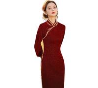 CBROOT Chinesisches Cheongsam-Kleid Für Frauen - Herbst Winter Hochzeit Cheongsam Langarm Vintage Kleid Slim Frauen Elegante Lange Traditionelle Qipao Für Bankett Party Kleidung, Rot, XL