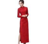 CBROOT Chinesisches Cheongsam-Kleid Für Frauen - Samt Verdickte Langärmelige Spitze Lange Cheongsam Herbst Winter Warme Mutter Kleid Hochzeit Bankett Qipao Chinesisches Kleid Kleidung, A, 4XL