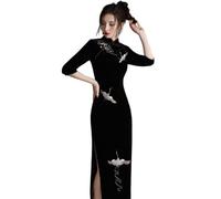 CBROOT Damen Cheongsam Kleid - Chinesisches Traditionelles Kleid Cheongsam 3/4 Ärmel Qipao Frauen Mädchen Mode Elegante Retro Stickerei Samt Lange Orientalische Stil Kleid, Schwarz, S