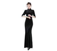 CBROOT Damen Cheongsam Kleid - Herbst Winter Warmer Samt Schlanke Lange Qipao Frauen Vintage Chinesisches Kleid Orientale Traditionelle Kleidung Ständer Kragen Langarm Cheongsam, Schwarz, 3XL