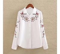 CBZOJBKPZDY Bestickte Damenhemden - Mode Plus Size Damen Weiße Hemden Vintage Blumen Bestickte Oberteile Einreihige Hemden Weißes Revers Casual Business Party Hemden,Weißes Hemd 01,L(52,57Kg)