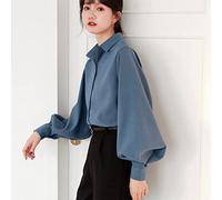 CBZOJBKPZDY Damen Baumwollhemden - Damen Freizeithemden Mode Frühling Herbst Langarmhemden Retro Blau Einreiher Laternenärmel Oberteile Einfarbig Elegant Business Party,Blau,L