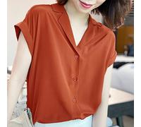 CBZOJBKPZDY Damen Bluse Aus Eisseide - Sommer Damen Kurzarm Chiffon Hemd Dünn Lässig Rostrot Sexy V-Ausschnitt Büro Damen Elegant Einreiher Top Lose Streetwear,Rostrot,L