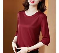 CBZOJBKPZDY Damen T-Shirts Aus Seide - Mode Damen Vintage Satin Top Lässig Rundhals Kurzarm Lose Büro Damen Hemden Volltonfarbe Elegant Business Party,Rot,L