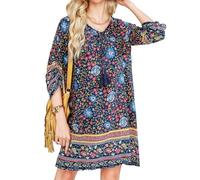 CCAIPU Damen Sommerkleider Bohemian Freizeit Kleid Blumenmuster 3/4-Ärmel Tunikakleider Kurzes Tops Vintage Tunika Kleid (DE/NL/SE/PL, Alphanumerisch, M, Regular, Regular, Dunkelblau)