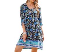 CCAIPU Damen Sommerkleider Bohemian Freizeit Kleid Blumenmuster 3/4-Ärmel Tunikakleider Kurzes Tops Vintage Tunika Kleid (DE/NL/SE/PL, Alphanumerisch, M, Regular, Regular, Schwarz-Blau Blume)
