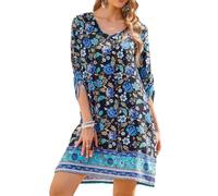 CCAIPU Damen Sommerkleider Bohemian Freizeit Kleid Blumenmuster 3/4-Ärmel Tunikakleider Kurzes Tops Vintage Tunika Kleid (DE/NL/SE/PL, Alphanumerisch, L, Regular, Regular, Schwarz-Blau Blume)