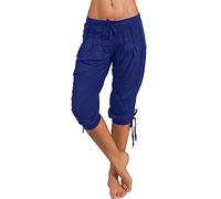 CCOOfhhc Damen 3/4 Hose Sommer: Vintage Leichte Boho Elegant Freizeithose Casual Kleidung Cargohose Elastischem Bund Frühling Sommerhosen Lose Baumwollehosen Hose