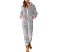 CCOOfhhc Damen Herbst Winter Elegant Overall Einteiler Winter Mit Kapuze Hausanzug Flauschig Pyjama Anzug Teddy Fleece Ganzkörperanzug Einfarbig Plüsch Onesie Lange Schlafanzug Schlafoverall
