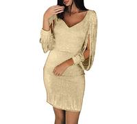 CCOOfhhc Damen Pailletten Kleid, Paillettenkleider Glänzend Kleider Silvester Brautjung Abiballkleider Frauen Knielang Langarm Glitzerkleid Brautkleid Vintage Pailletten Kleid Club