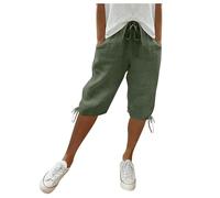 CCOOfhhc Damen Sommerhose Knielang Leinenhose Luftig Hohe Taille Sommerhose Straight Einfarbig Leinen Hose Mit Taschen Lockere Lässiges Damenhose Gummibund Caprihose Bequeme Capri Outdoorhose