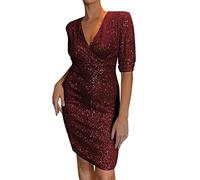 CCOOfhhc Glitzer Kleid Damen, Paillettenkleid Glitzer Kleider Festliches Festlich Partykleider Für Frauen V-Ausschnitt 3/4 Ärmel Glitzerkleid Partykleid Sexy Glänzend Kleid Party