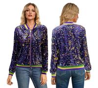 CCOOfhhc Jacke Damen Pailletten Gold Damen Metallic Bikerjacke Blazer mit Glitzer Langarm Bomberjacke Langarm Party Club Offen Glitzer Cardigan Metallic Jacket Reißverschluss Fliegenjacke