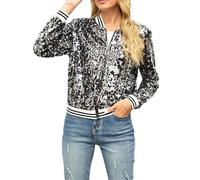 CCOOfhhc Jacke Damen Pailletten Gold Damen Metallic Bikerjacke Blazer mit Glitzer Langarm Bomberjacke Langarm Party Club Offen Glitzer Cardigan Metallic Jacket Reißverschluss Fliegenjacke